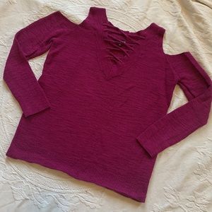 Express Cold Shoulder Reversible Lace Up Sweater